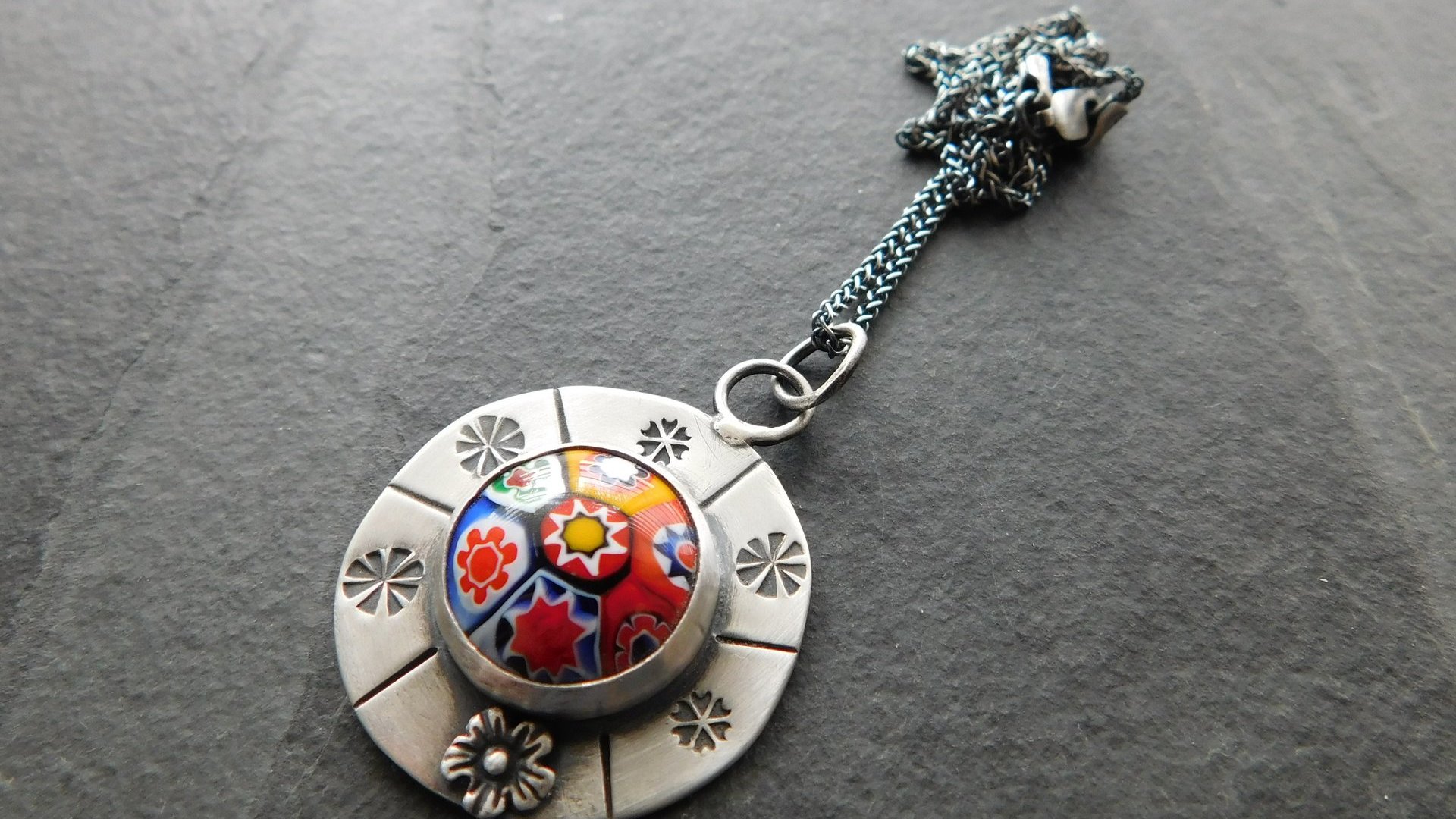 Vintage Millefiori Primary Colors Glass Button Sterling Silver Hand Stamped Floral Pendant Necklace