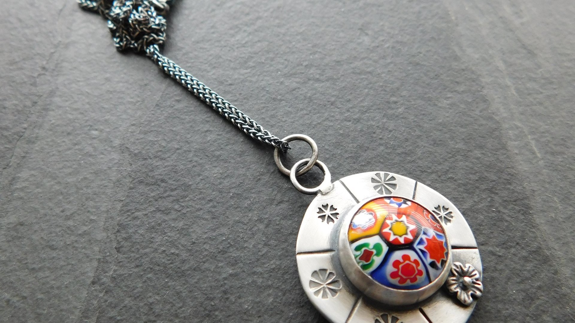 Vintage Millefiori Primary Colors Glass Button Sterling Silver Hand Stamped Floral Pendant Necklace