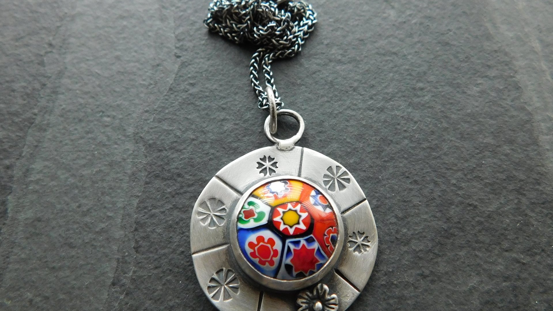 Vintage Millefiori Primary Colors Glass Button Sterling Silver Hand Stamped Floral Pendant Necklace