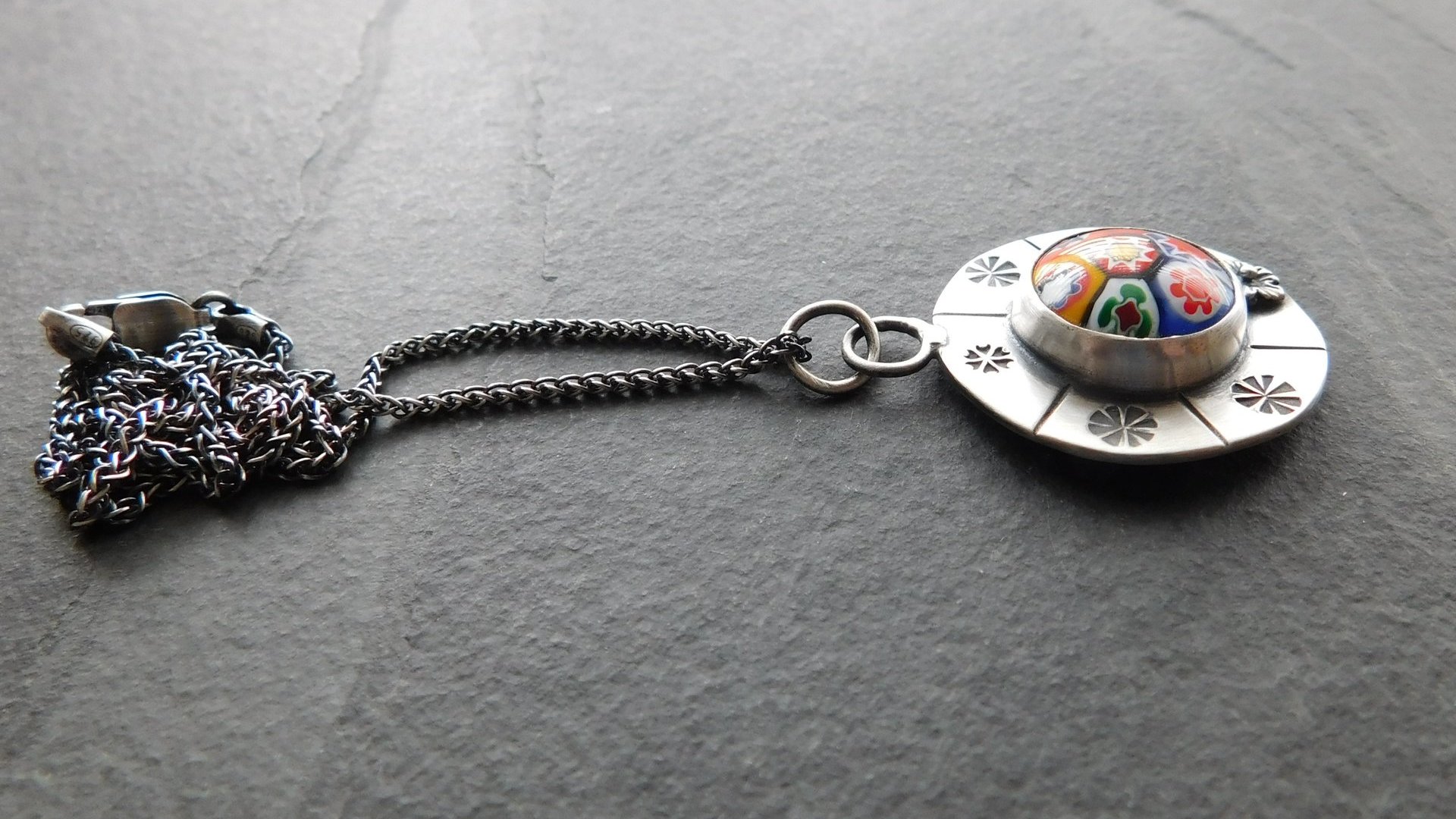 Vintage Millefiori Primary Colors Glass Button Sterling Silver Hand Stamped Floral Pendant Necklace