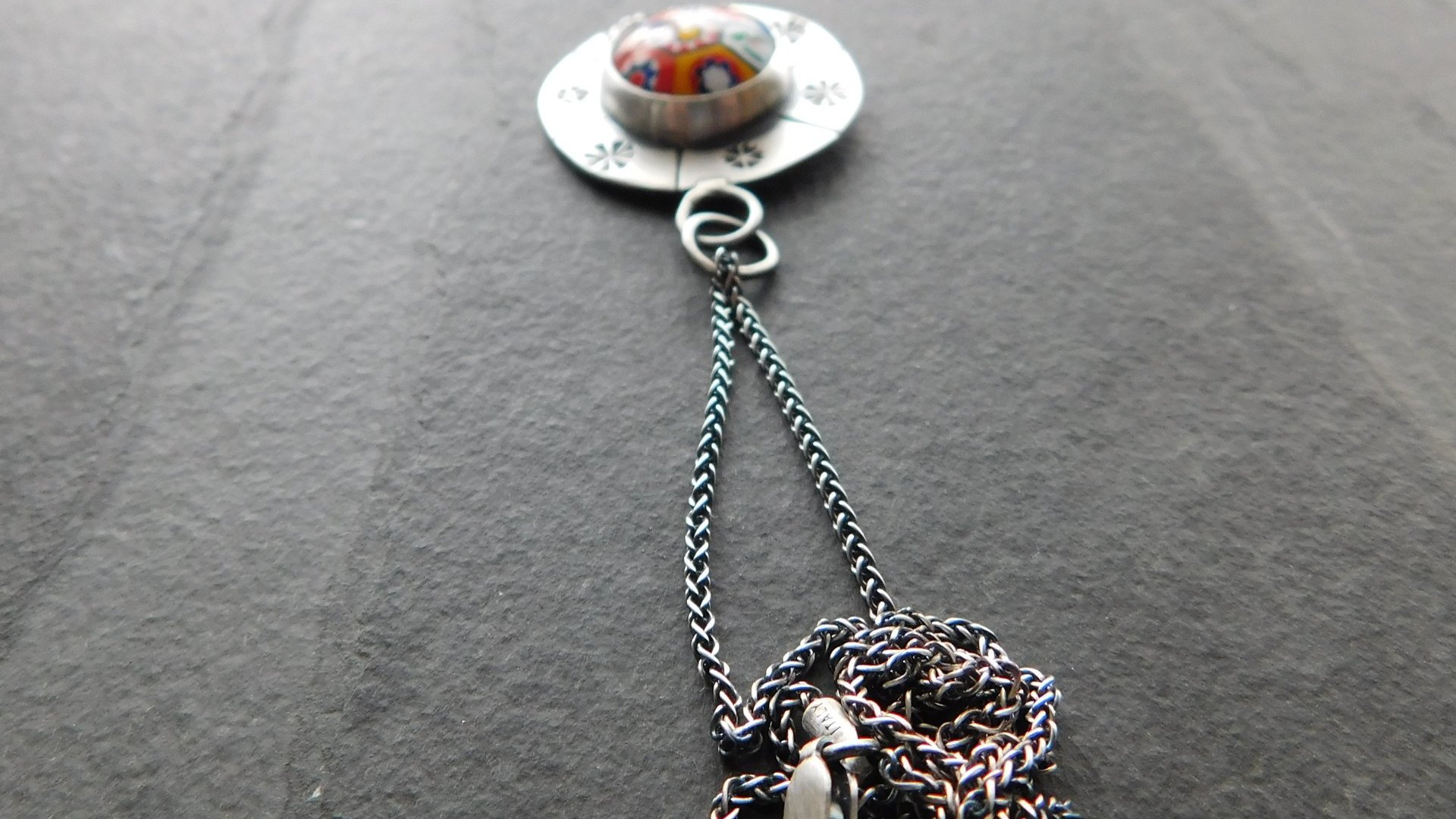 Vintage Millefiori Primary Colors Glass Button Sterling Silver Hand Stamped Floral Pendant Necklace