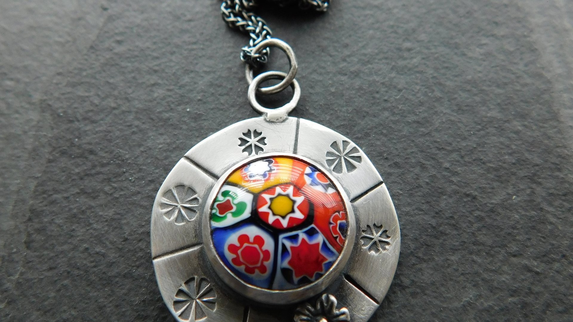 Vintage Millefiori Primary Colors Glass Button Sterling Silver Hand Stamped Floral Pendant Necklace