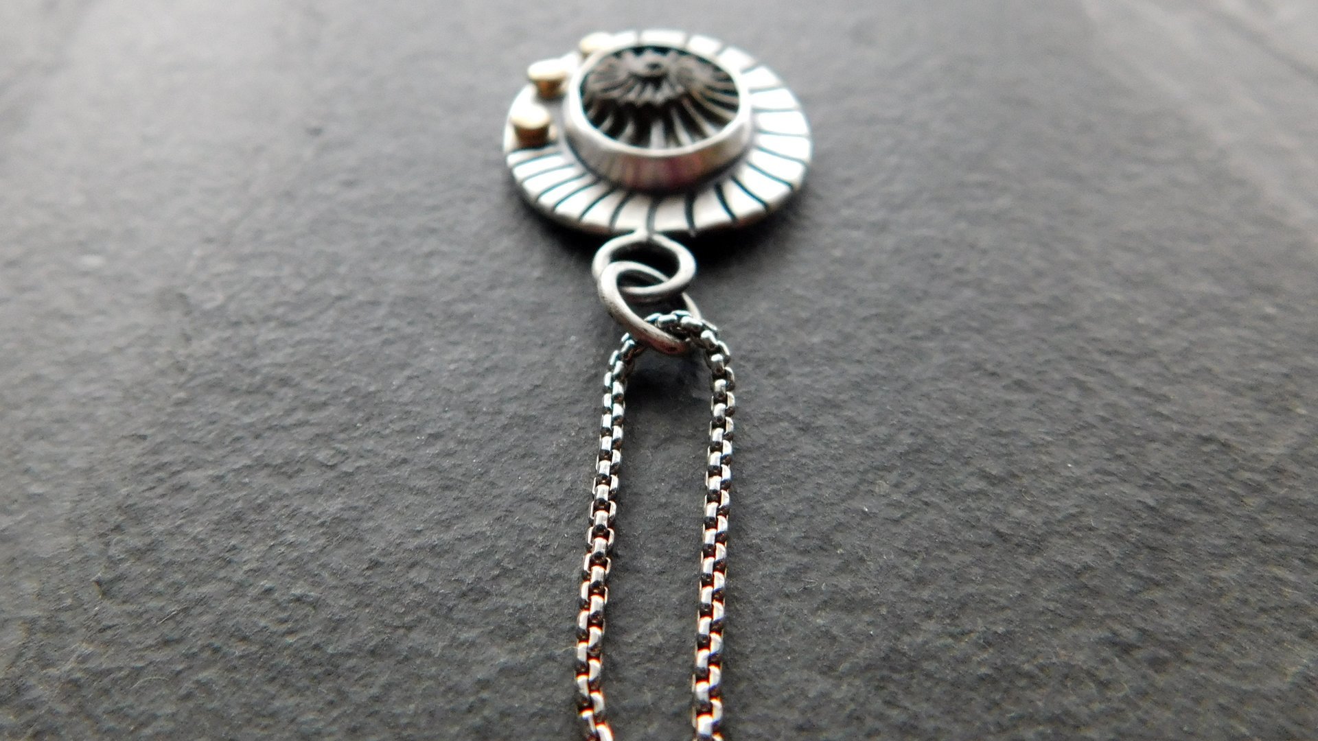 Pyritized Ammonite Negative Stone Stamped Sterling Silver 14k Gold Mixed Metal Pendant Necklace