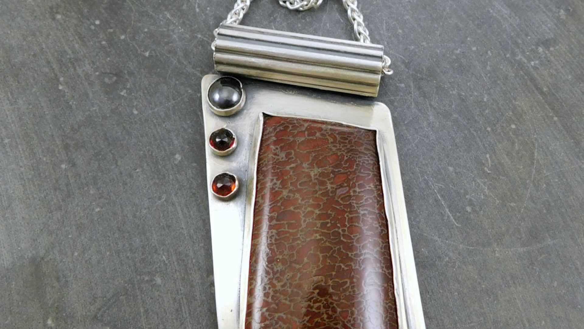 Dinosaur Bone Garnet Hematite Pendant, Oxidized Sterling Silver, Multi Stone Necklace, Modernist Industrial Stone Pendant