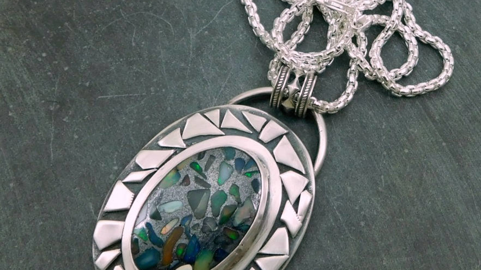 Ethiopian Opal Mosaic Stone Sterling Silver Modernist Pendant, Welo Opal Mosaic Design Necklace