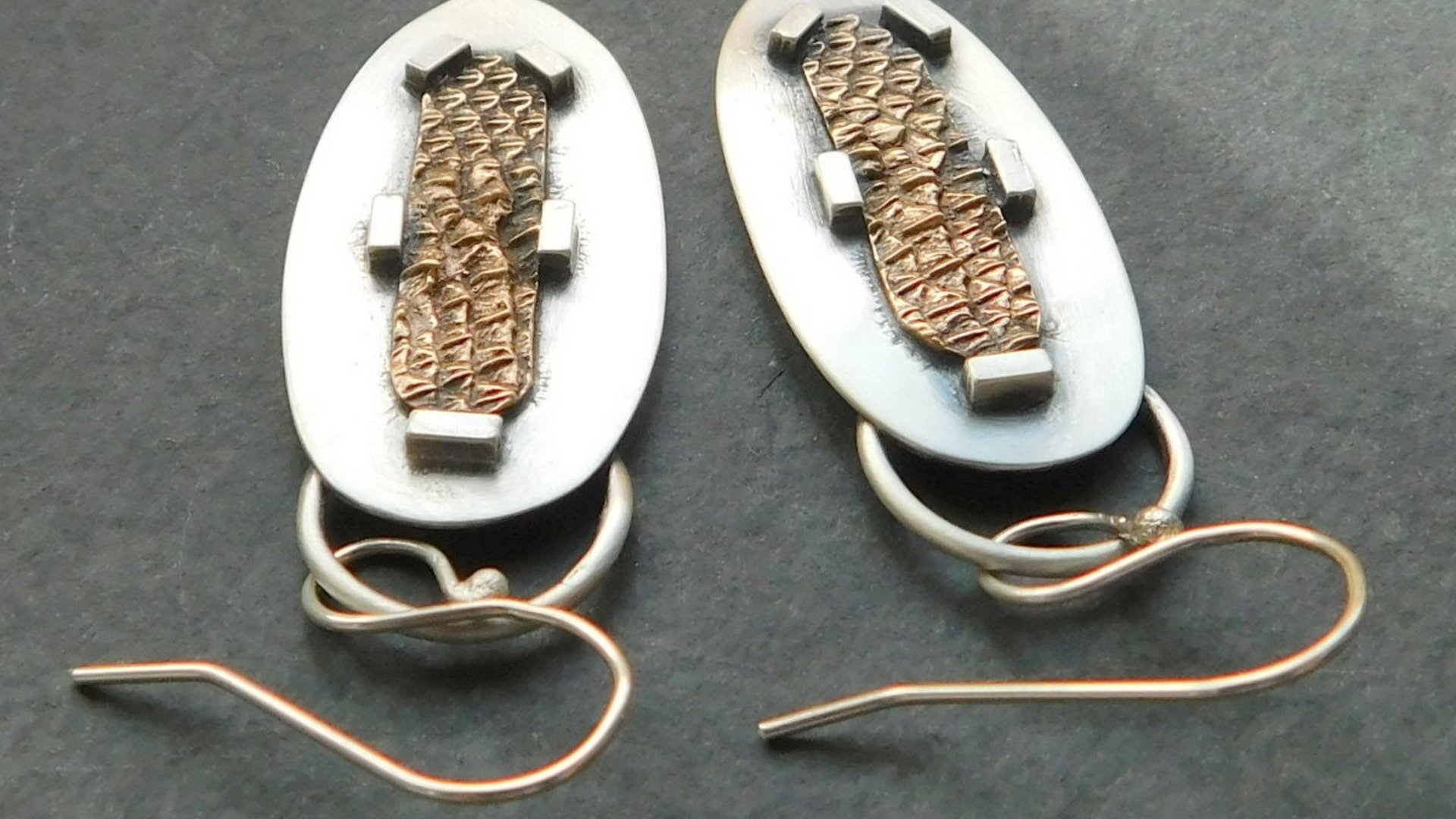 Sterling Silver Bronze Lizard Skin Mod Industrial Earrings, Mixed Metal Textured Dangles