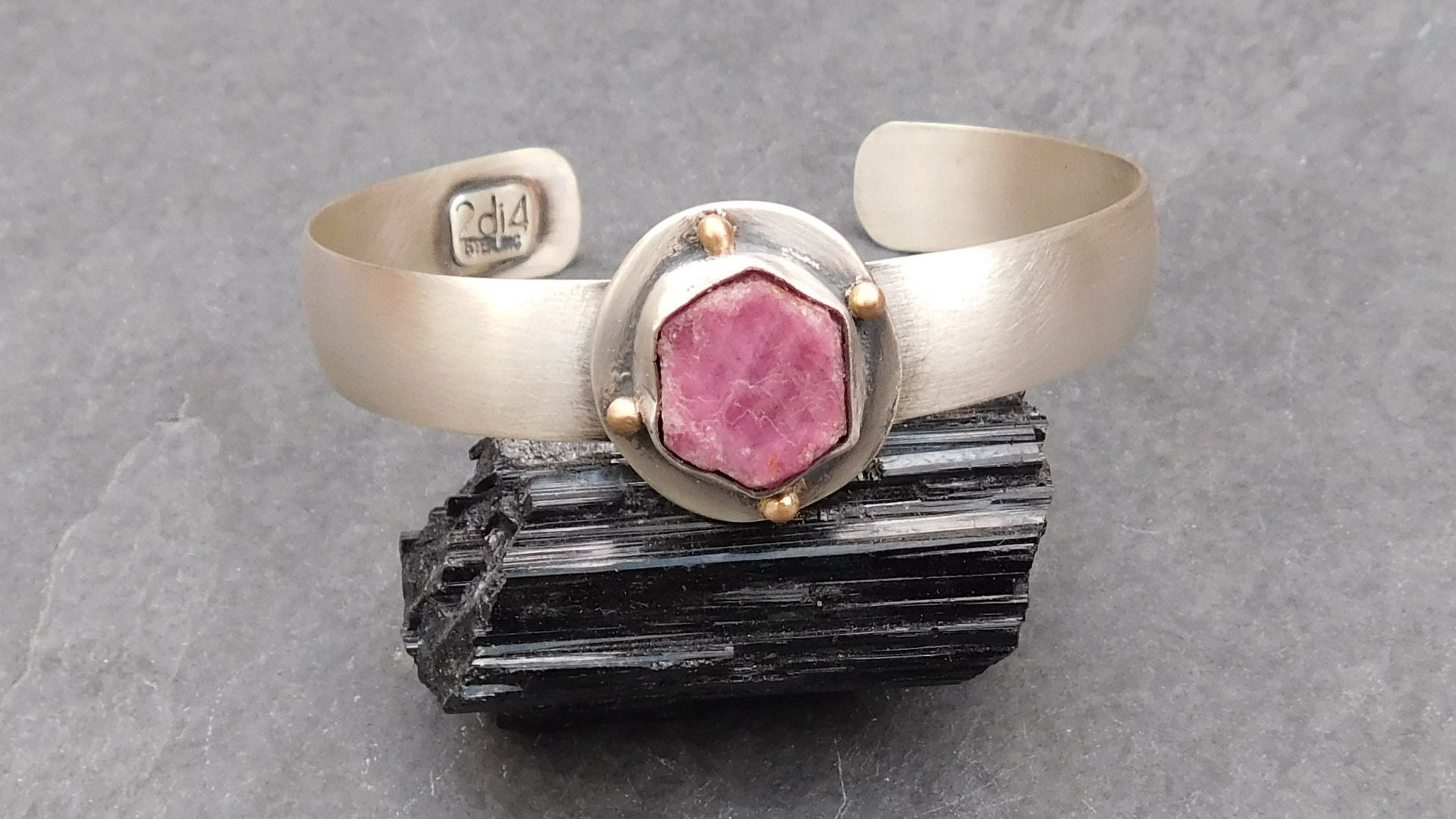 Raw Ruby Mineral Sterling Silver 14K Gold Cuff, Crystal Jewelry, Natural Ruby Statement Bracelet