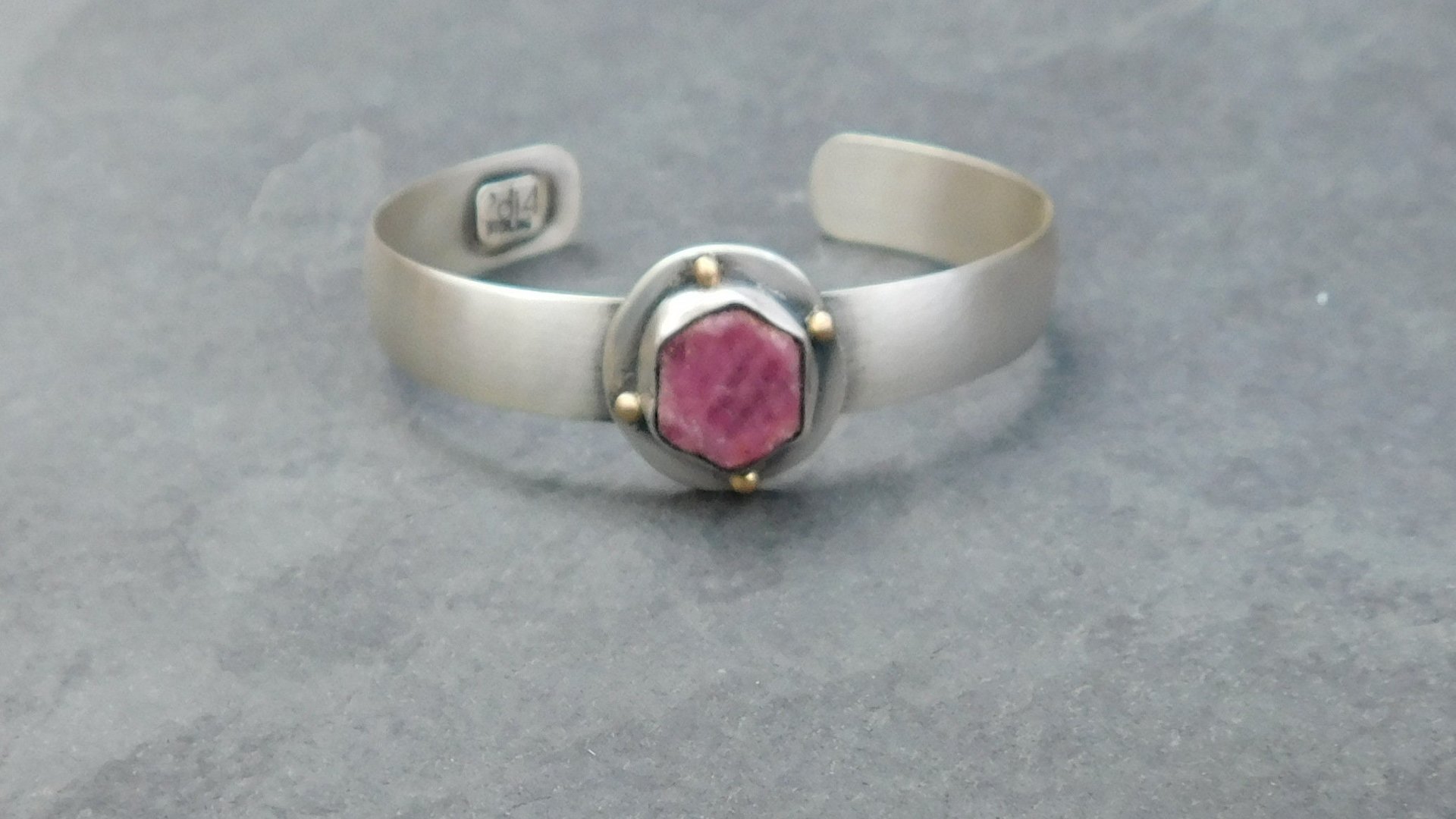 Raw Ruby Mineral Sterling Silver 14K Gold Cuff, Crystal Jewelry, Natural Ruby Statement Bracelet