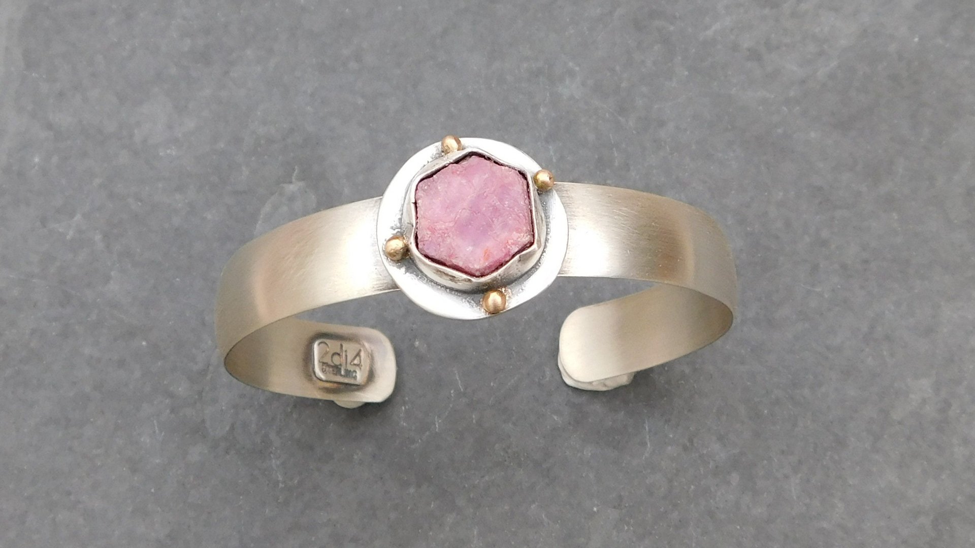 Raw Ruby Mineral Sterling Silver 14K Gold Cuff, Crystal Jewelry, Natural Ruby Statement Bracelet