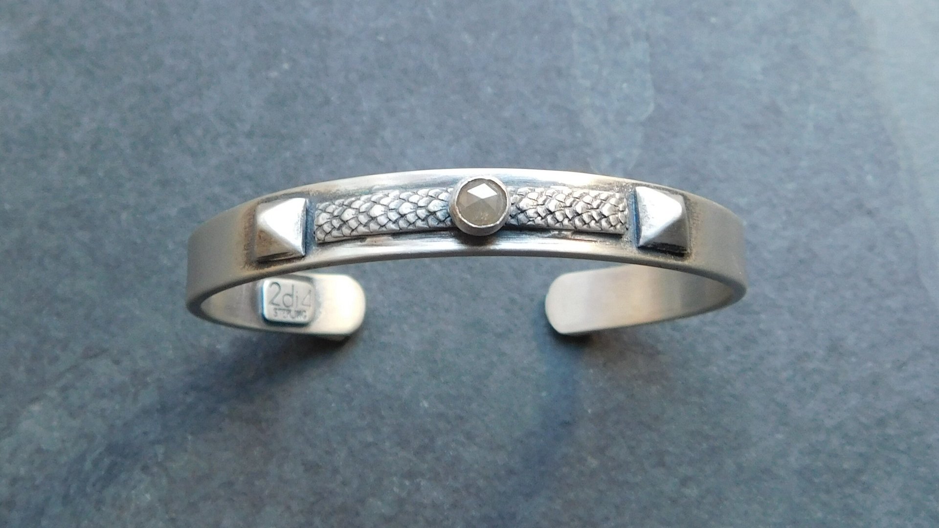 Champagne Diamond Sterling Silver Industrial Cuff, Snakeskin Wire Metal Stud Colored Diamond Bracelet