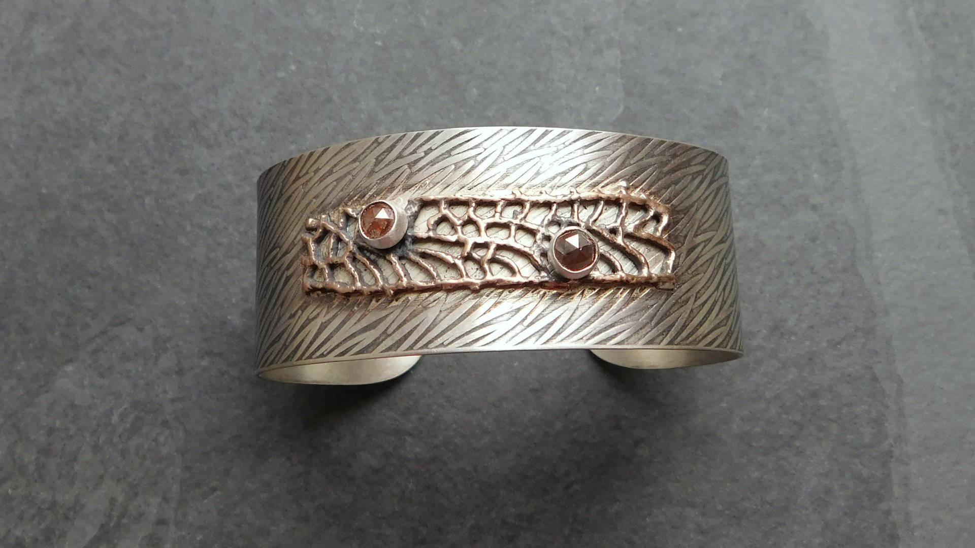 Earth Tone Colored Diamonds Mixed Metal Bronze Sterling Silver Patterned Wire Statement Cuff Bracelet