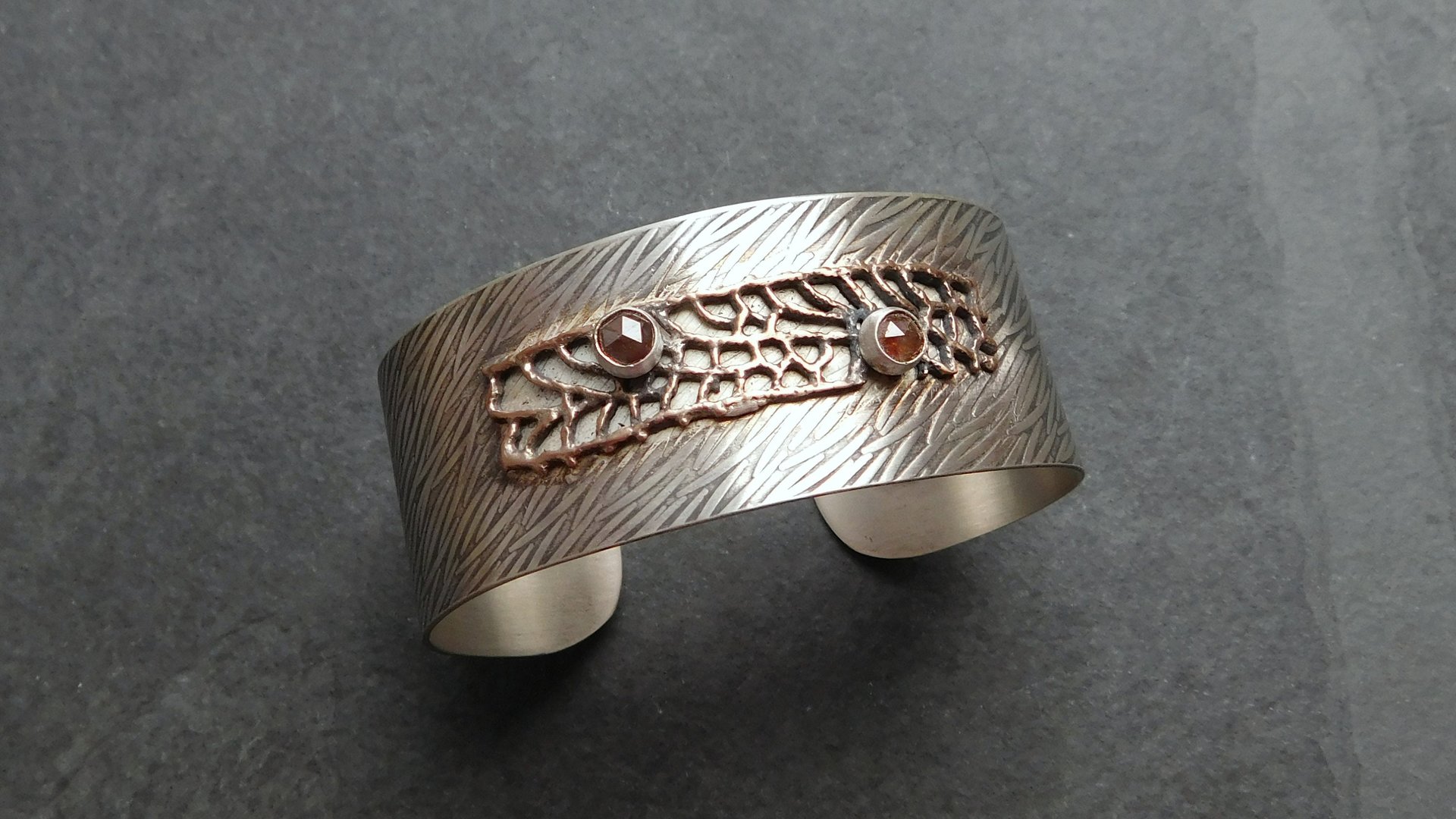 Earth Tone Colored Diamonds Mixed Metal Bronze Sterling Silver Patterned Wire Statement Cuff Bracelet