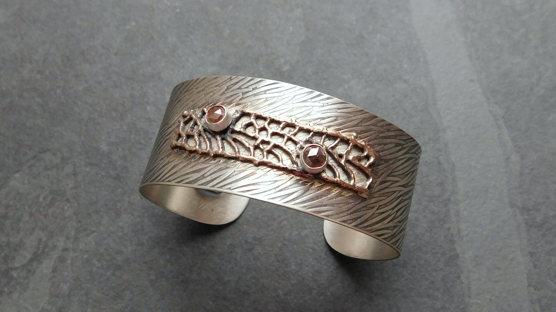 Earth Tone Colored Diamonds Mixed Metal Bronze Sterling Silver Patterned Wire Statement Cuff Bracelet