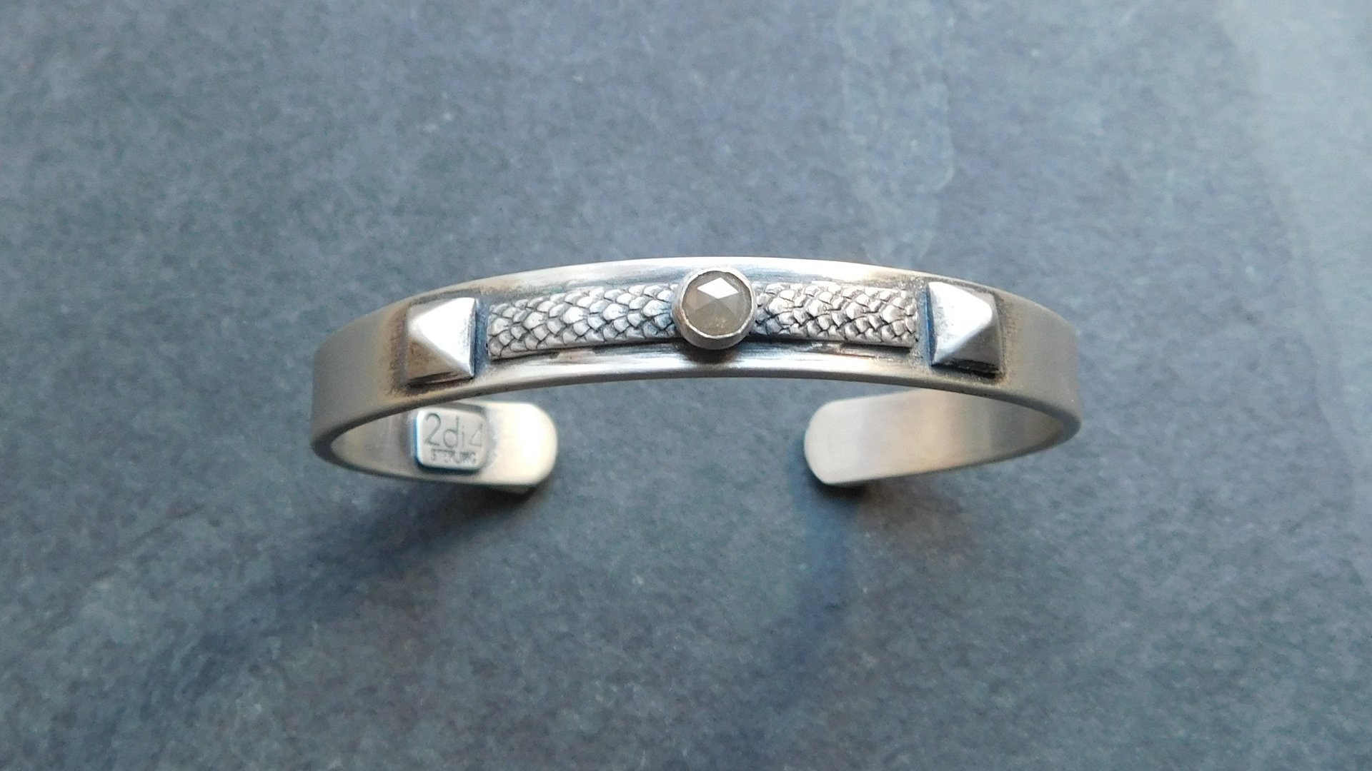 Champagne Diamond Sterling Silver Industrial Cuff, Snakeskin Wire Metal Stud Colored Diamond Bracelet