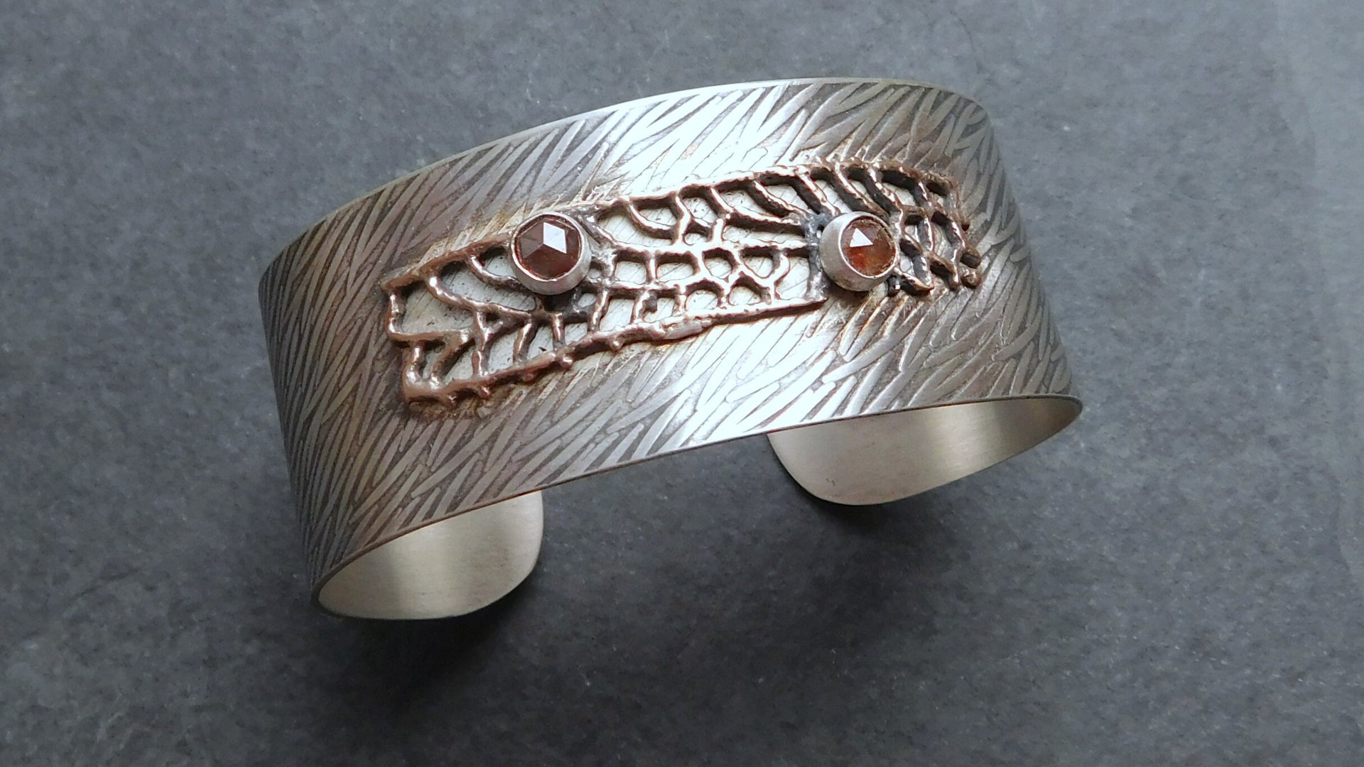 Earth Tone Colored Diamonds Mixed Metal Bronze Sterling Silver Patterned Wire Statement Cuff Bracelet