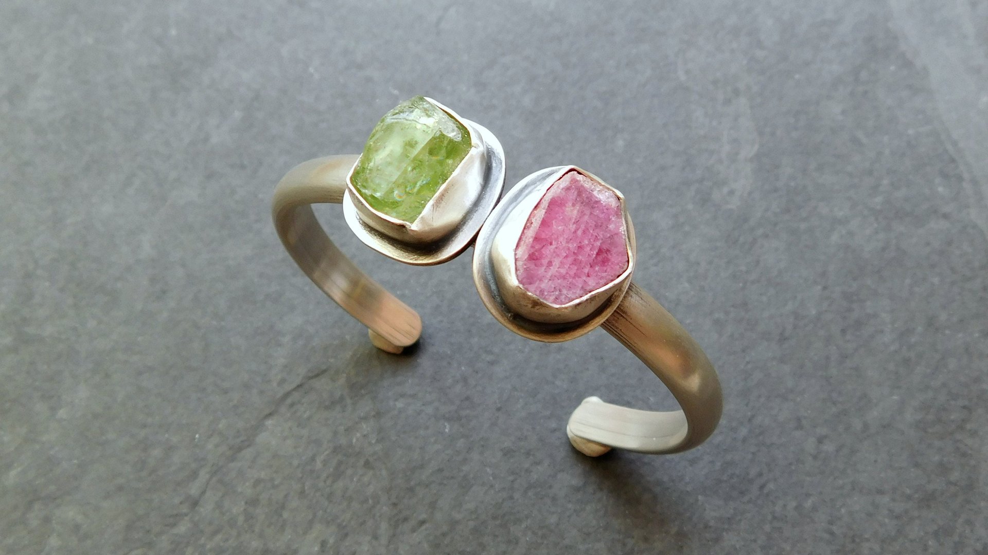 Raw Mineral Peridot Ruby Sterling Silver Bracelet, Pink Green Natural Crystal Jewelry