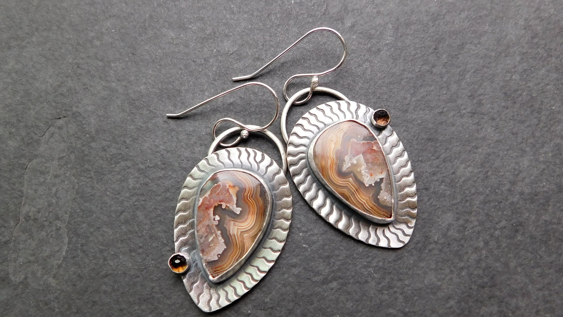 Brown Crazy Lace Agate Smoky Topaz Sterling Silver Wavy Stamped Earrings