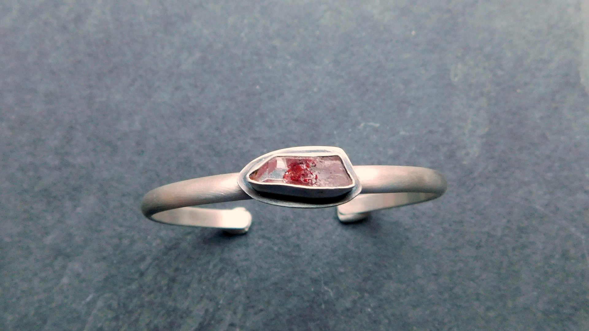 Quartz Crystal Red Hematite Phantom Inclusion Sterling Silver Cuff Bracelet