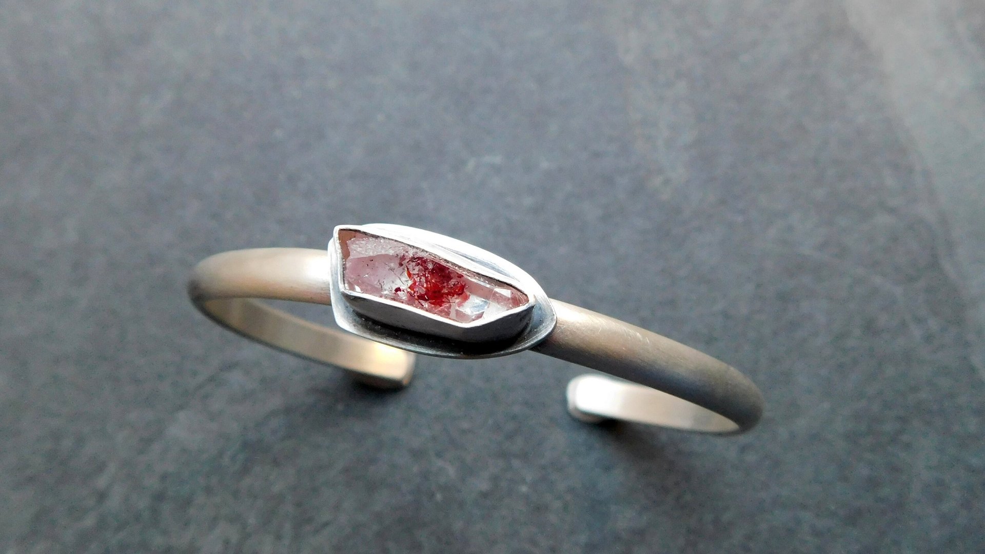 Quartz Crystal Red Hematite Phantom Inclusion Sterling Silver Cuff Bracelet