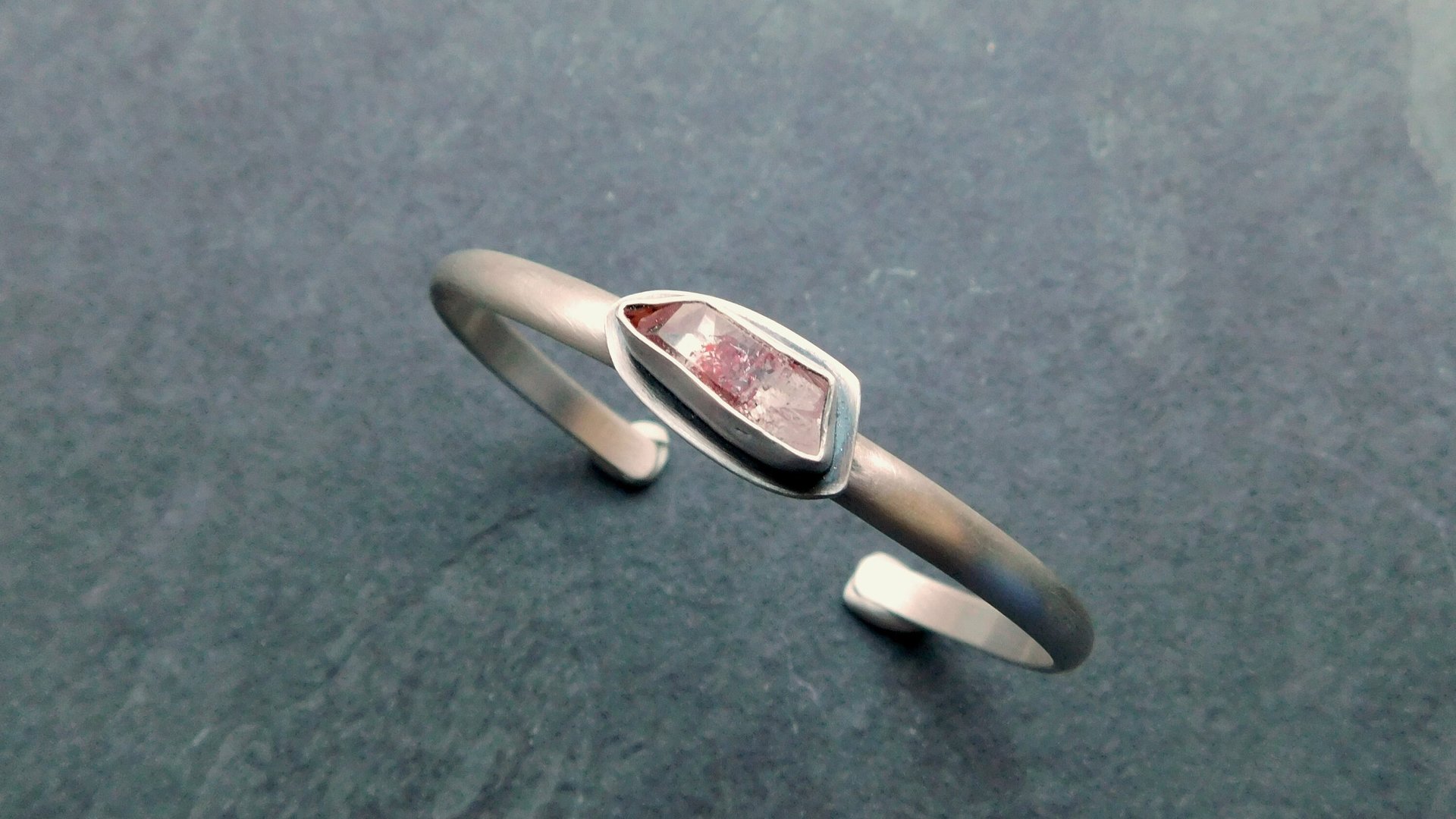 Quartz Crystal Red Hematite Phantom Inclusion Sterling Silver Cuff Bracelet