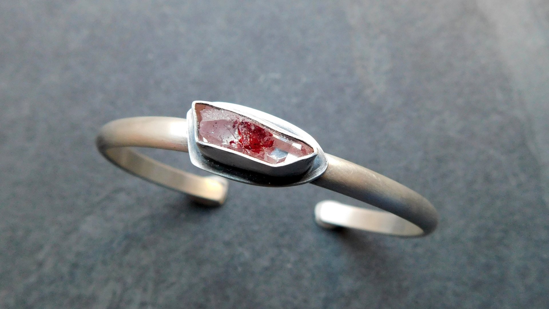 Quartz Crystal Red Hematite Phantom Inclusion Sterling Silver Cuff Bracelet