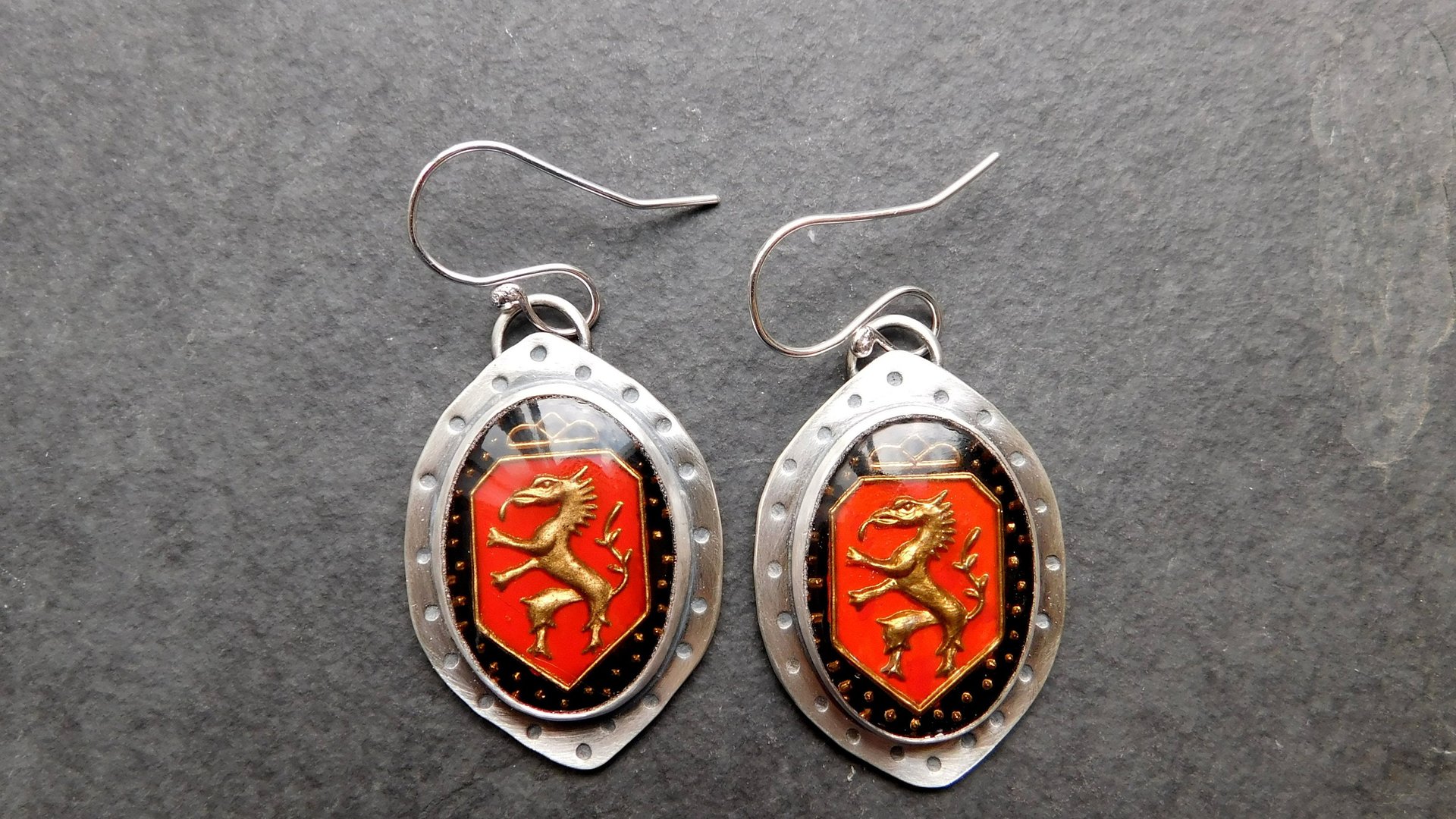 Vintage Red Black Bronze Dragon Glass Stone Sterling Silver Earrings