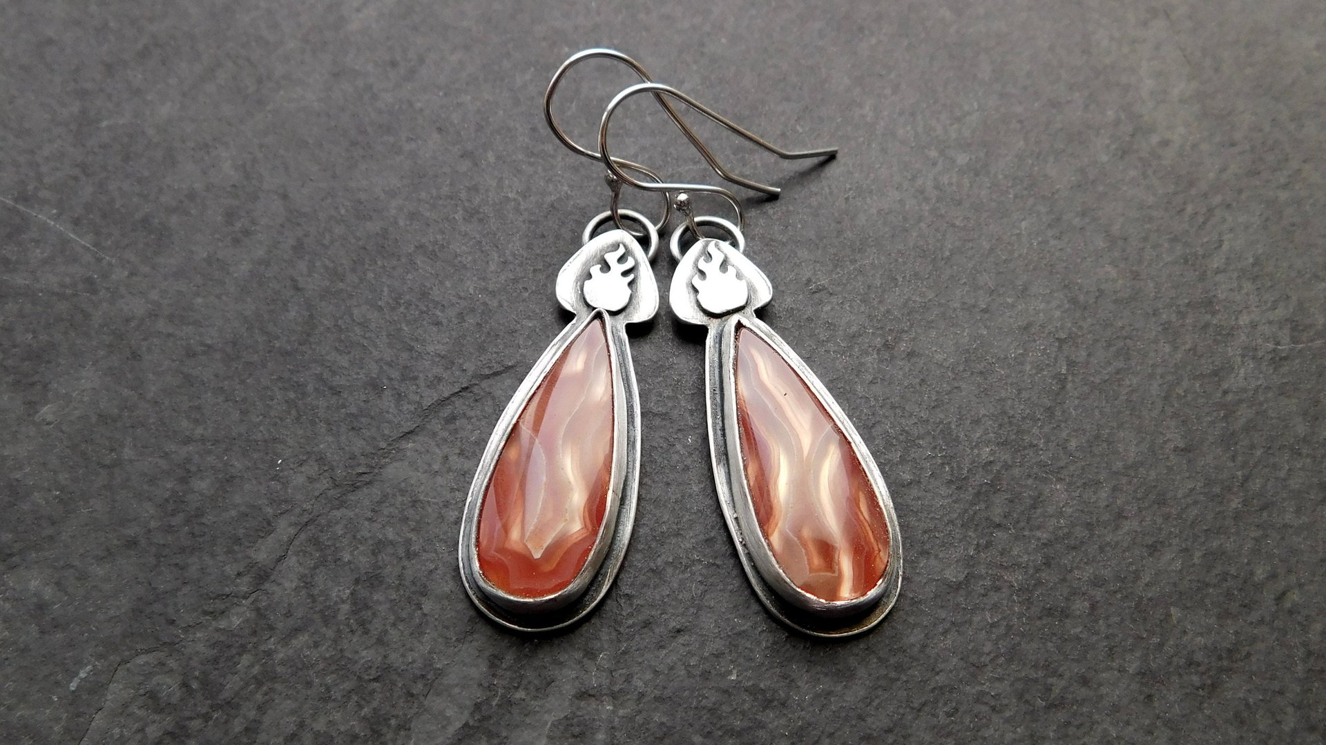 Rust Orange Agua Nueva Agate Sterling Silver Burning Flame Earrings