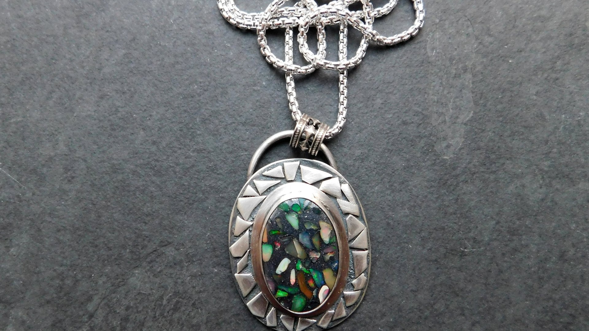 Ethiopian Opal Mosaic Stone Sterling Silver Modernist Pendant, Welo Opal Mosaic Design Necklace