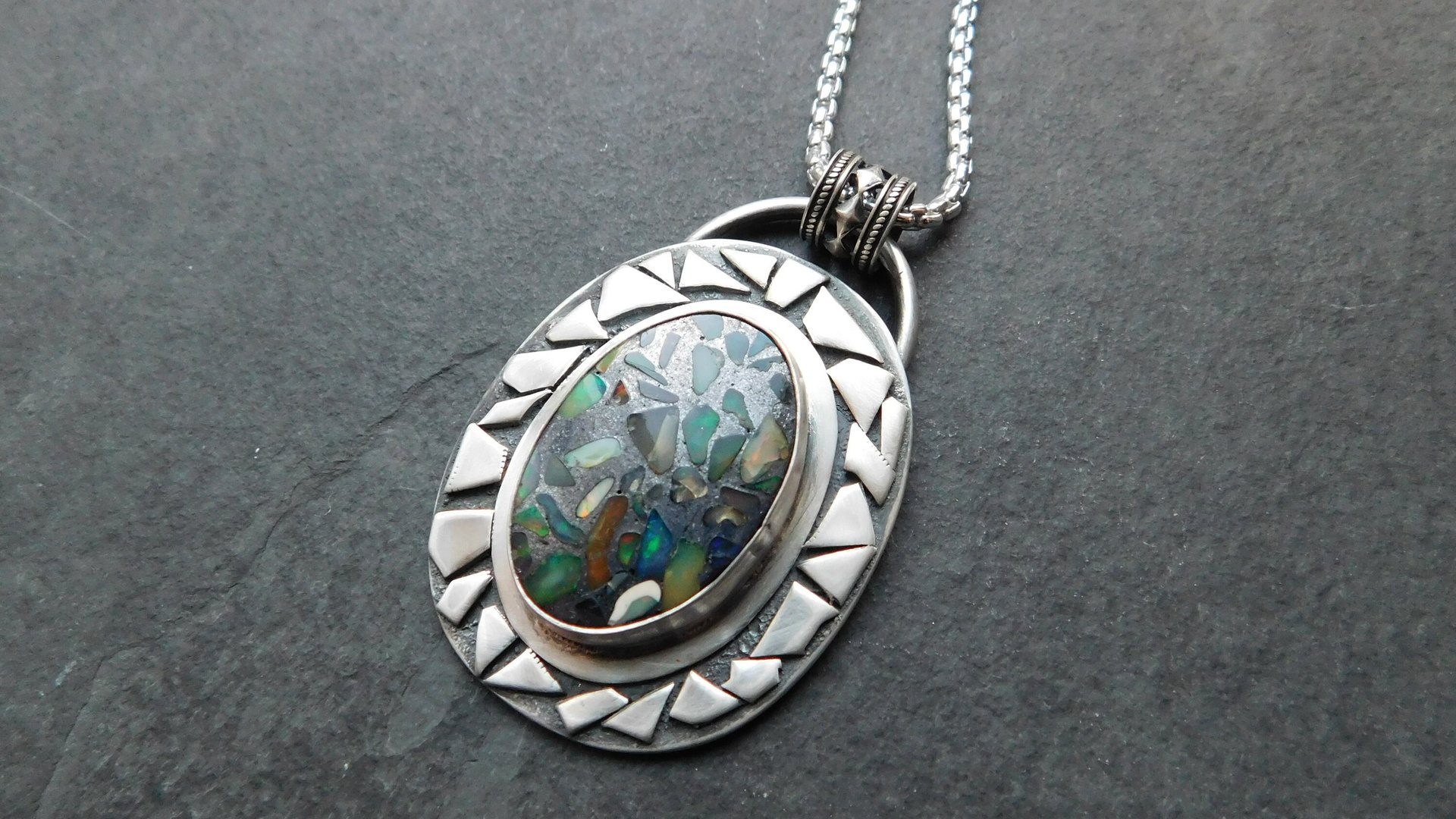 Ethiopian Opal Mosaic Stone Sterling Silver Modernist Pendant, Welo Opal Mosaic Design Necklace