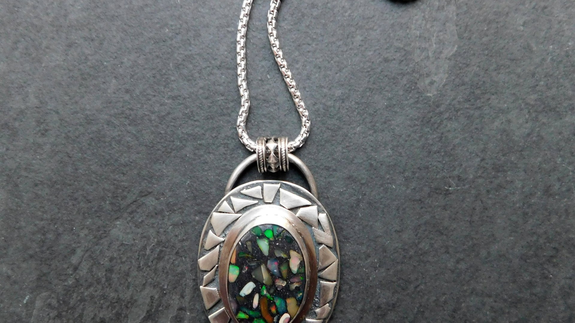 Ethiopian Opal Mosaic Stone Sterling Silver Modernist Pendant, Welo Opal Mosaic Design Necklace
