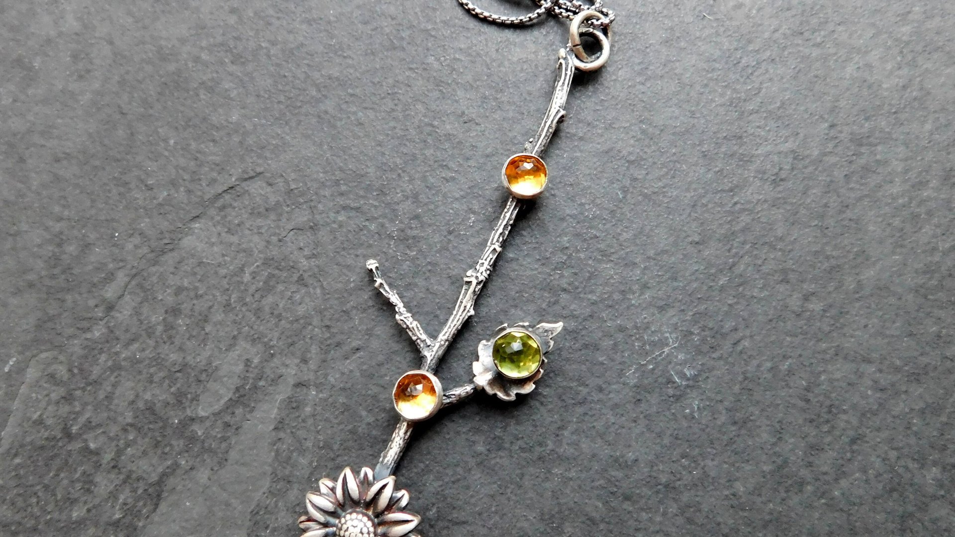 Citrine Peridot Sterling Silver Long Stem Sunflower Pendant Necklace