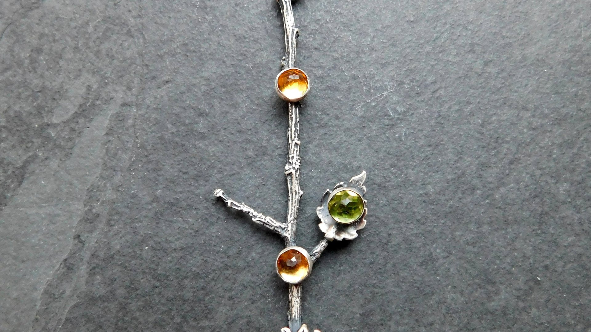 Citrine Peridot Sterling Silver Long Stem Sunflower Pendant Necklace