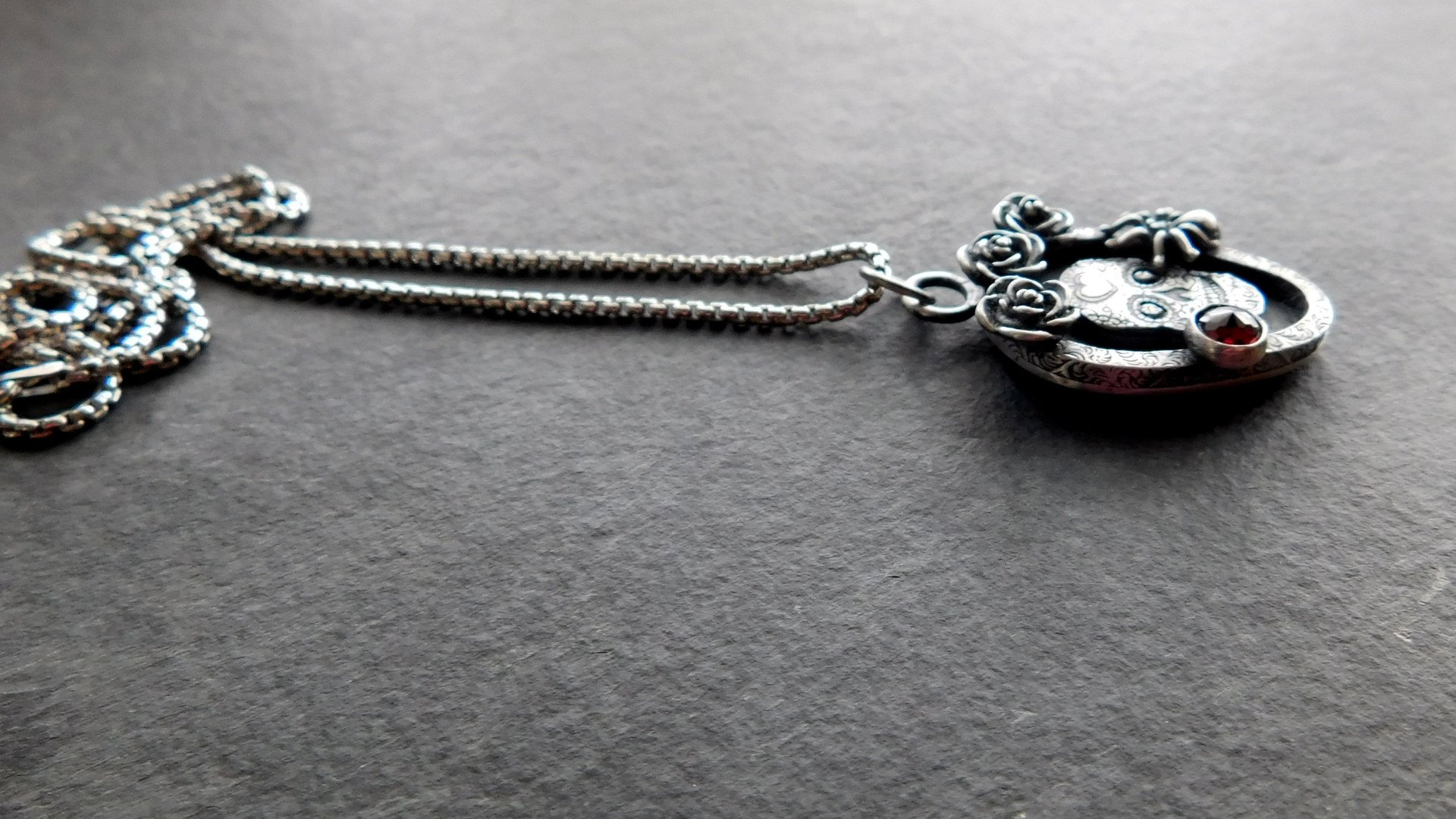 Sugar Skull Roses Spider Red Garnet Gemstone Sterling Silver Pendant Necklace