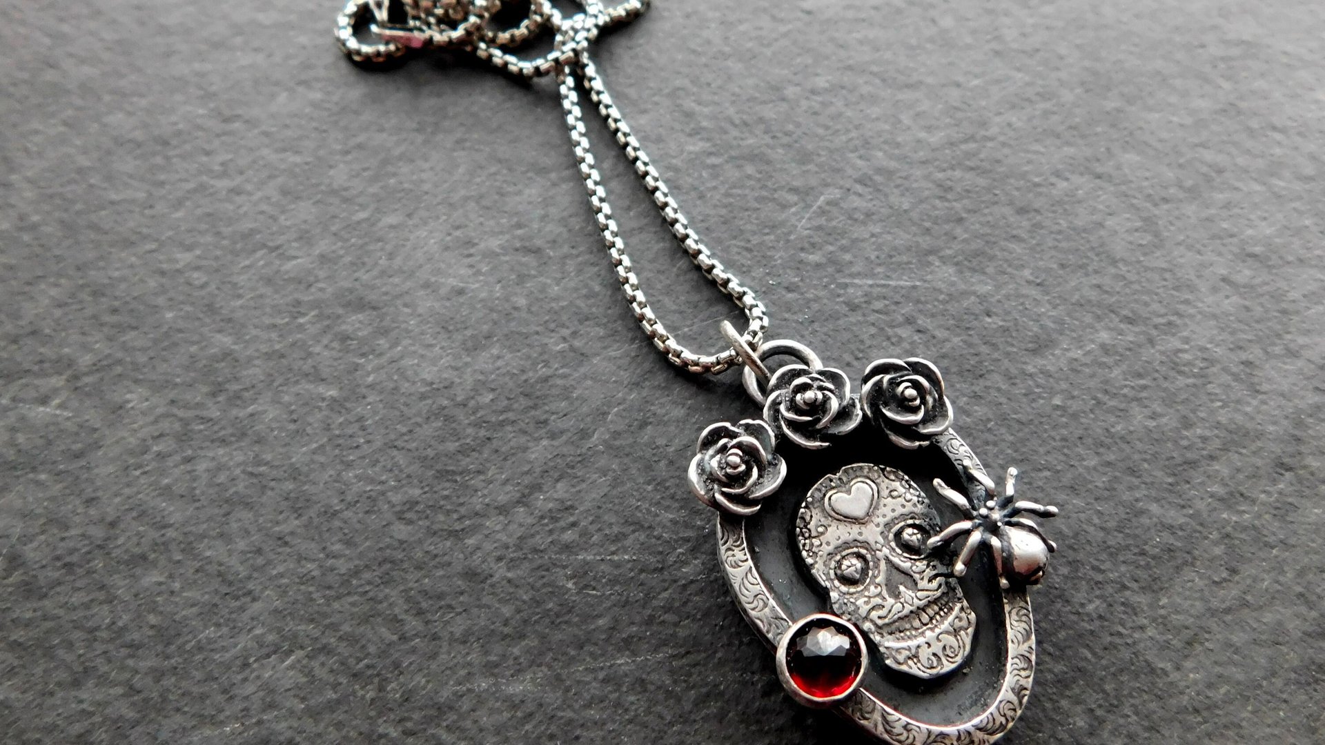 Sugar Skull Roses Spider Red Garnet Gemstone Sterling Silver Pendant Necklace