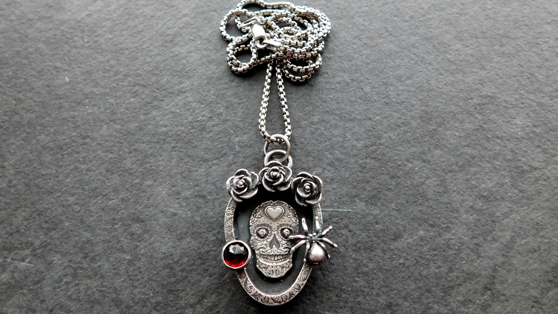 Sugar Skull Roses Spider Red Garnet Gemstone Sterling Silver Pendant Necklace