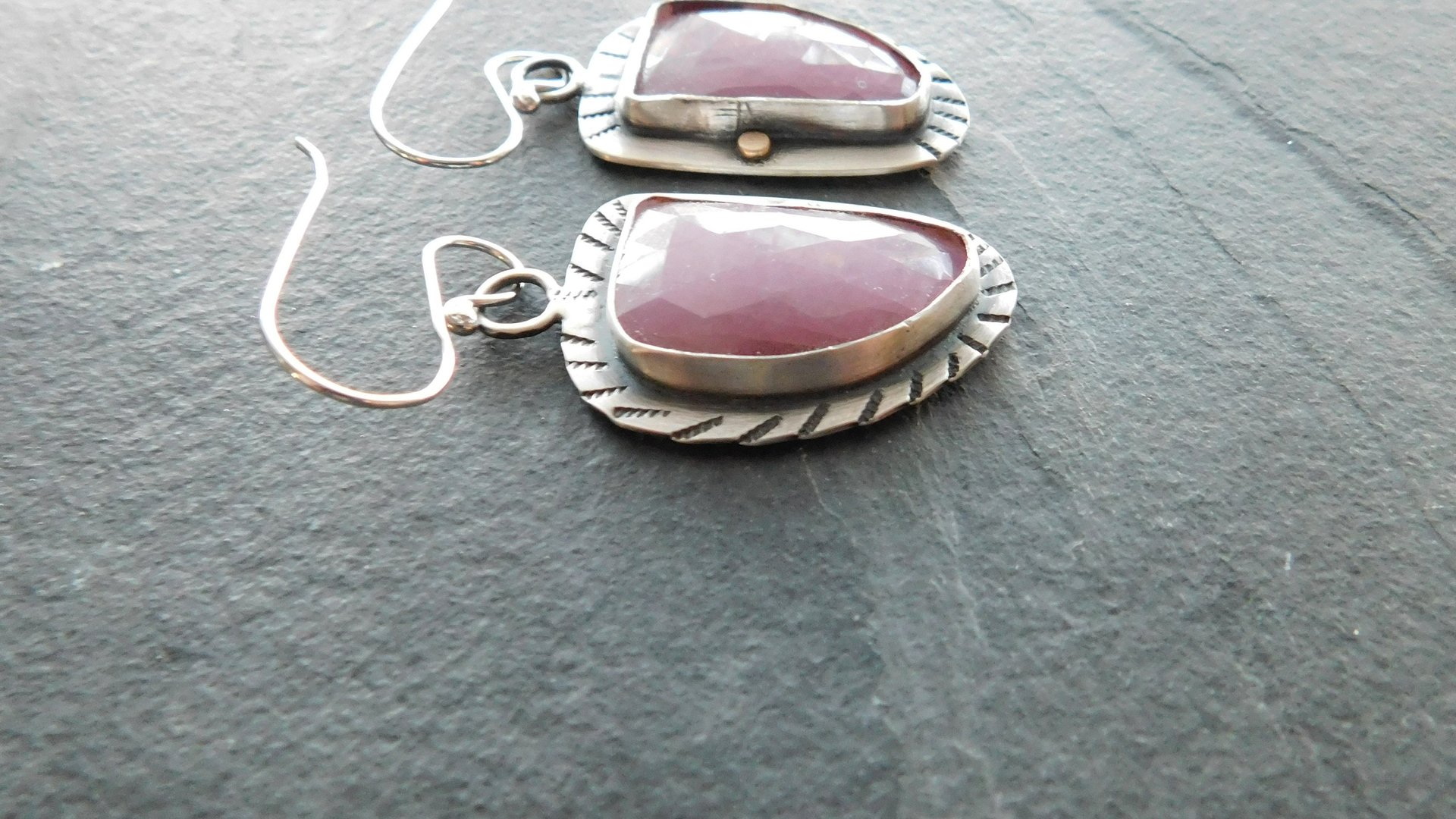 Rose Pink Sapphire Sterling Silver Stamped Dangle Earrings