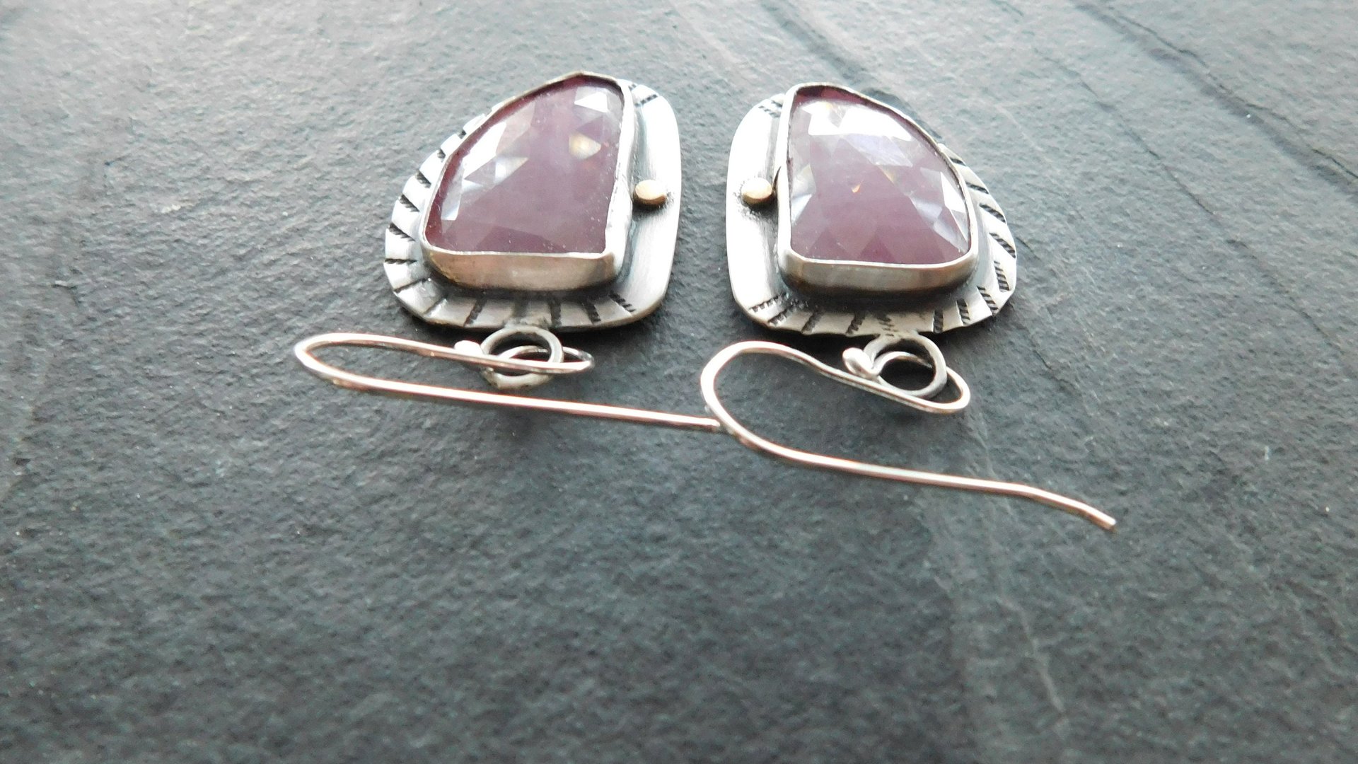 Rose Pink Sapphire Sterling Silver Stamped Dangle Earrings