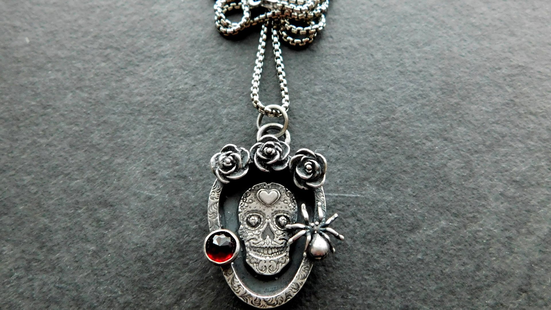 Sugar Skull Roses Spider Red Garnet Gemstone Sterling Silver Pendant Necklace