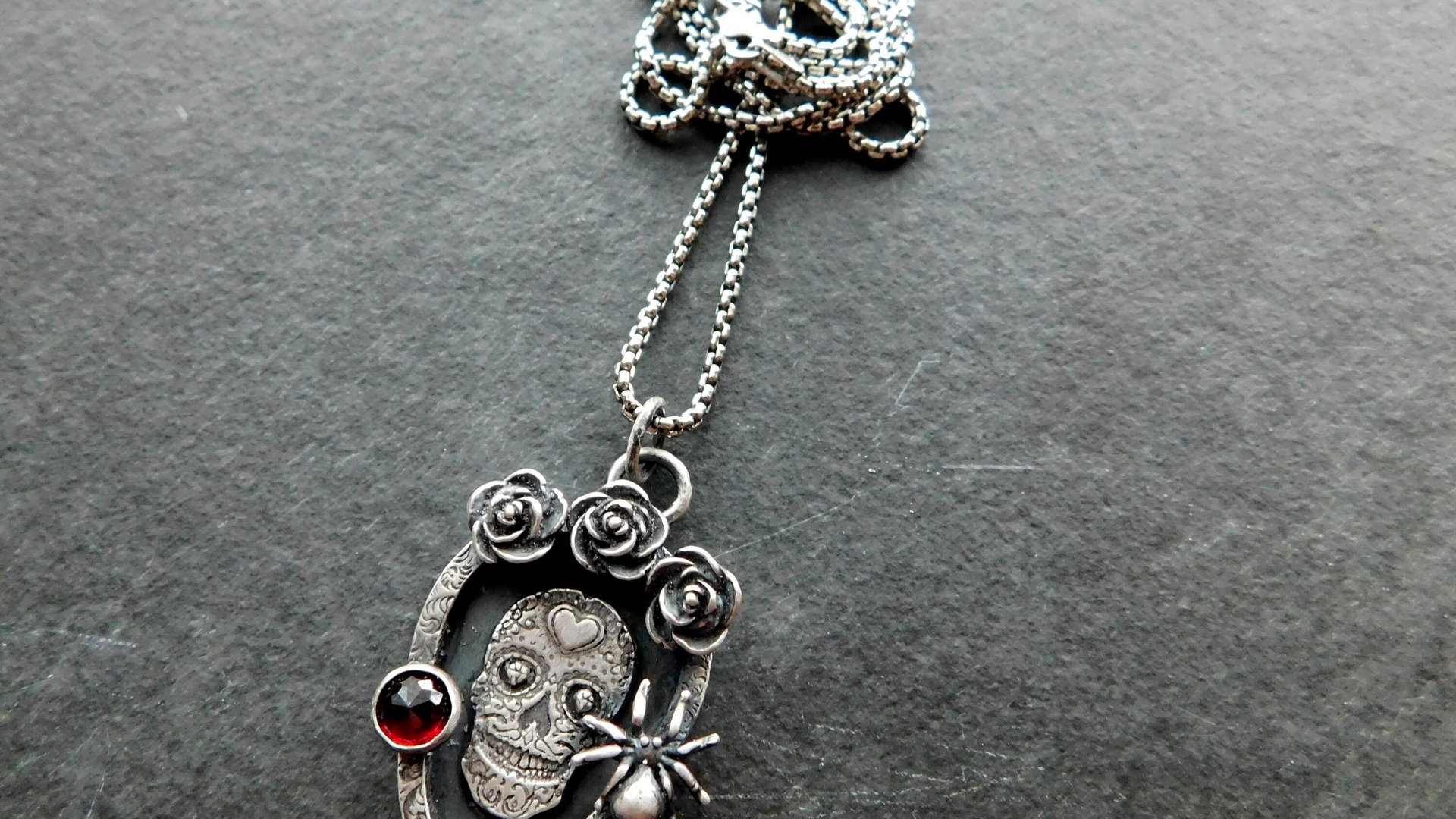 Sugar Skull Roses Spider Red Garnet Gemstone Sterling Silver Pendant Necklace