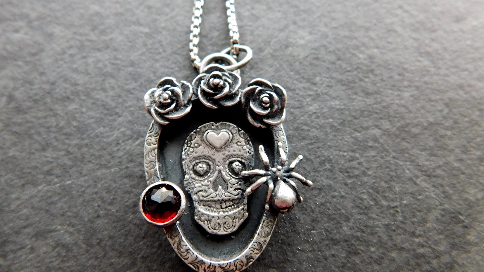 Sugar Skull Roses Spider Red Garnet Gemstone Sterling Silver Pendant Necklace