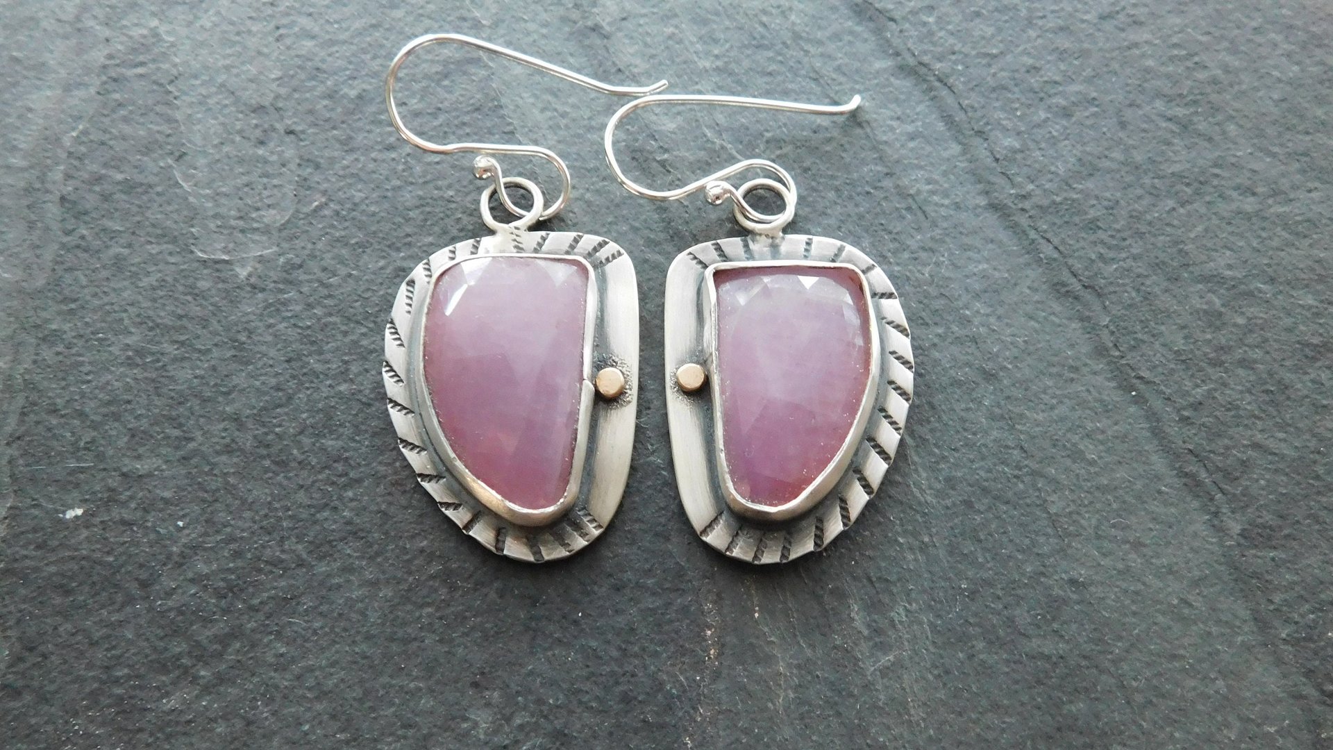 Rose Pink Sapphire Sterling Silver Stamped Dangle Earrings
