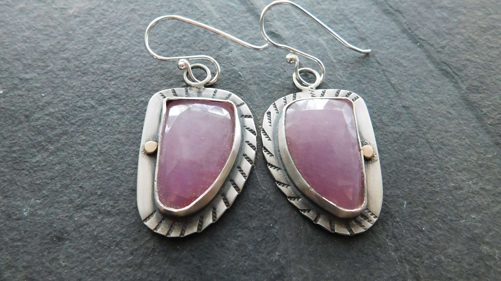 Rose Pink Sapphire Sterling Silver Stamped Dangle Earrings