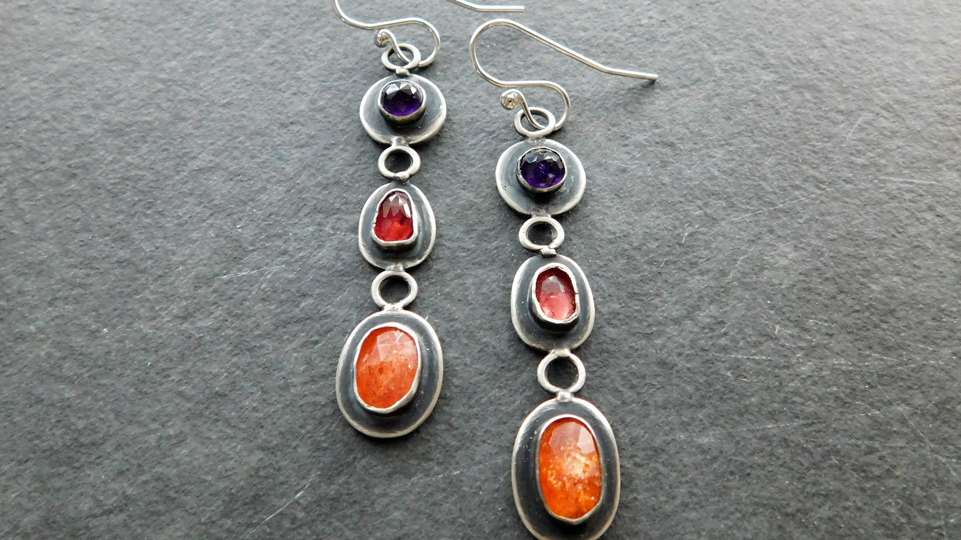 Orange Sunstone Deep Pink Spinel Purple Amethyst Jewel Tone Multi Stone Sterling Silver Earrings