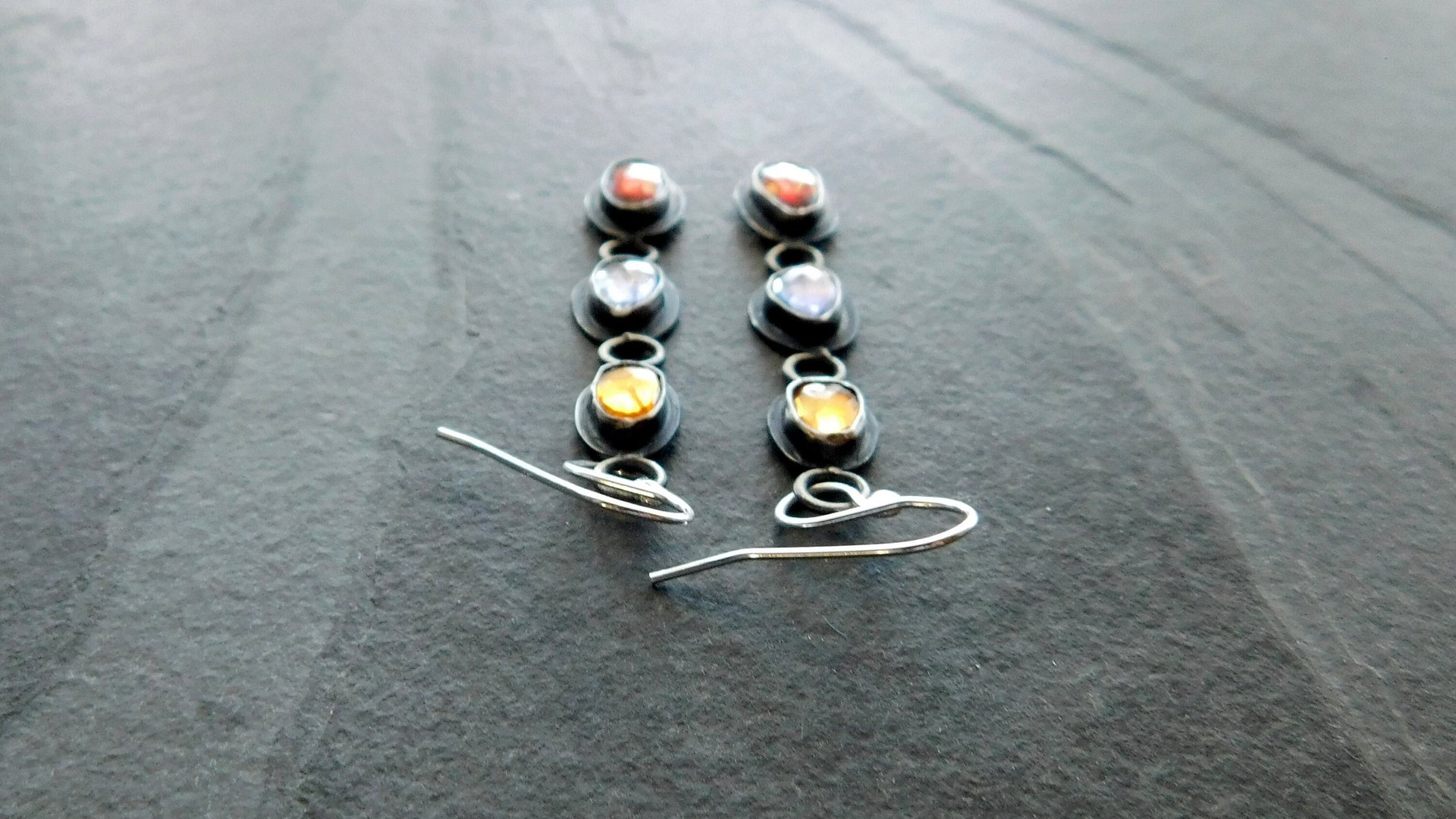 Citrine Iolite Garnet Multi Stone Oxidized Sterling Silver Long Gemstone Dangle Earrings
