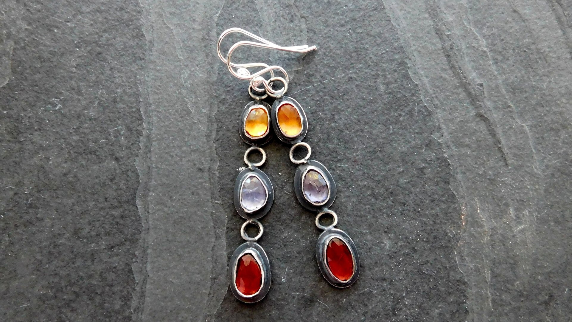 Citrine Iolite Garnet Multi Stone Oxidized Sterling Silver Long Gemstone Dangle Earrings