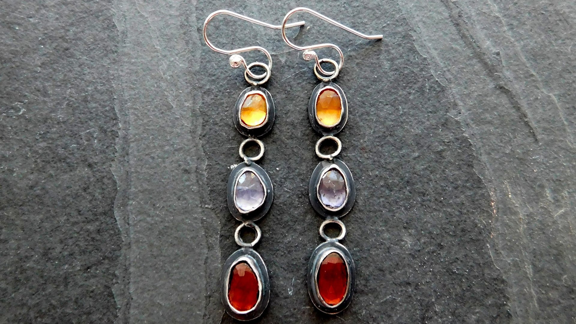 Citrine Iolite Garnet Multi Stone Oxidized Sterling Silver Long Gemstone Dangle Earrings