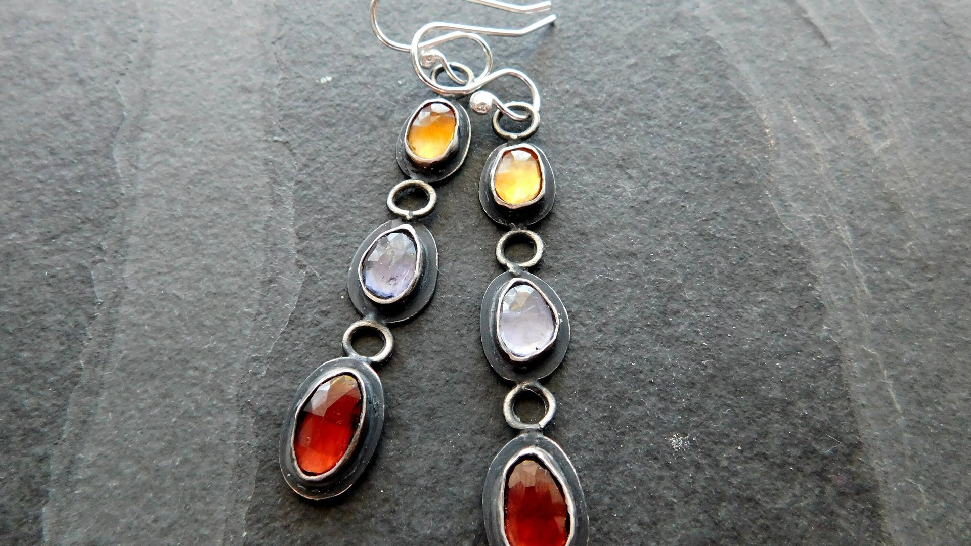 Citrine Iolite Garnet Multi Stone Oxidized Sterling Silver Long Gemstone Dangle Earrings