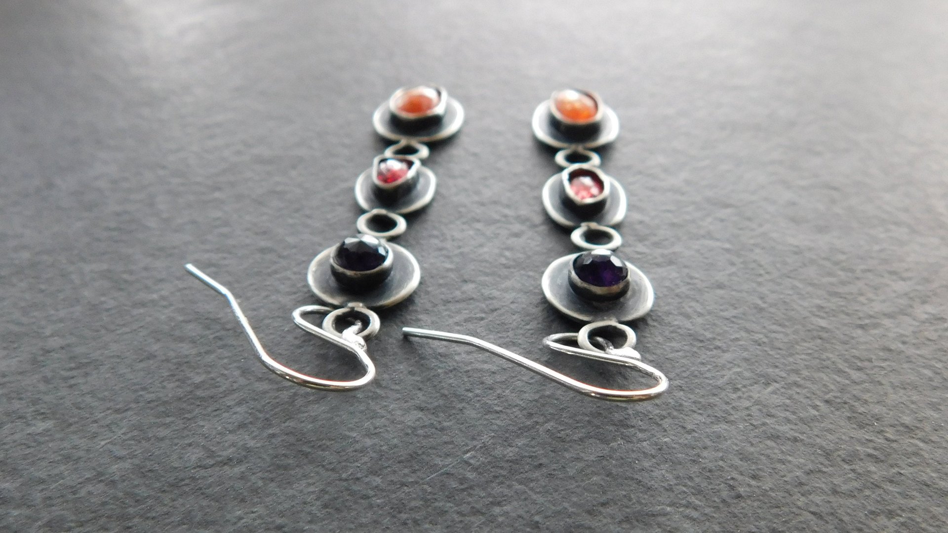 Orange Sunstone Deep Pink Spinel Purple Amethyst Jewel Tone Multi Stone Sterling Silver Earrings