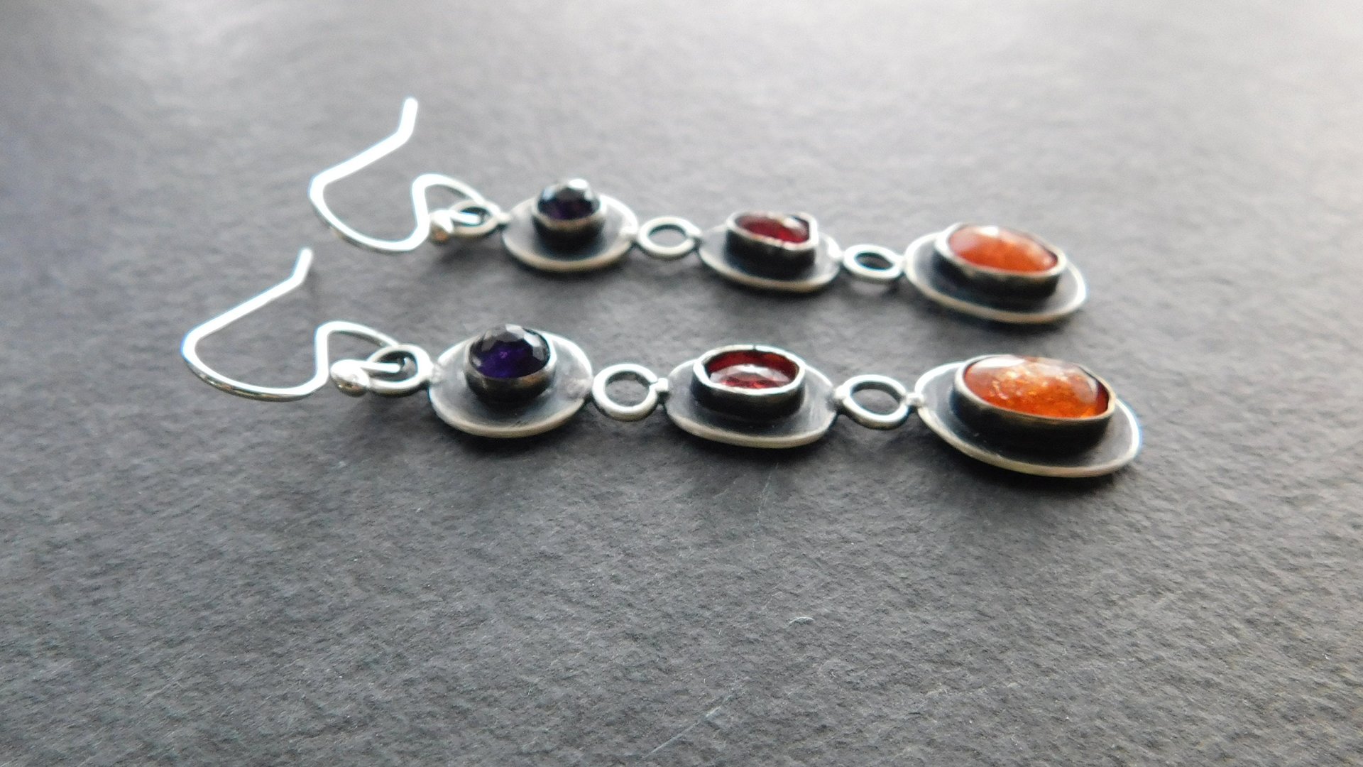 Orange Sunstone Deep Pink Spinel Purple Amethyst Jewel Tone Multi Stone Sterling Silver Earrings