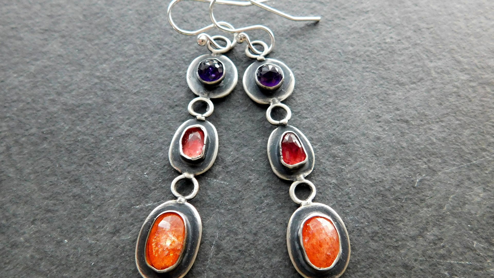 Orange Sunstone Deep Pink Spinel Purple Amethyst Jewel Tone Multi Stone Sterling Silver Earrings